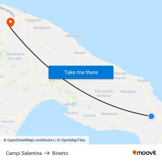 Campi Salentina to Binetto map