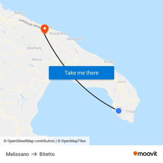 Melissano to Bitetto map