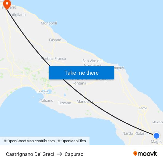 Castrignano De' Greci to Capurso map