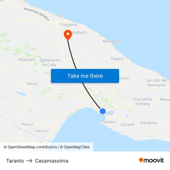 Taranto to Casamassima map