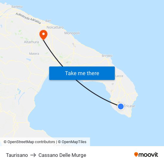 Taurisano to Cassano Delle Murge map