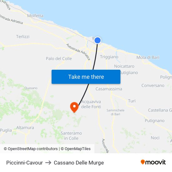 Piccinni-Cavour to Cassano Delle Murge map