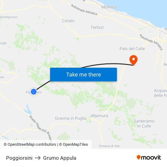 Poggiorsini to Grumo Appula map