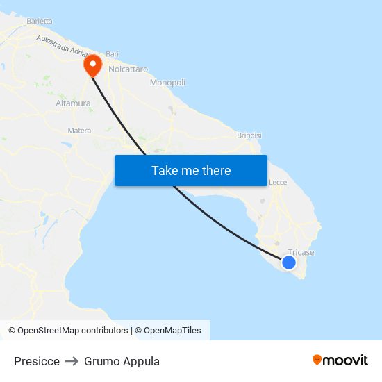 Presicce to Grumo Appula map