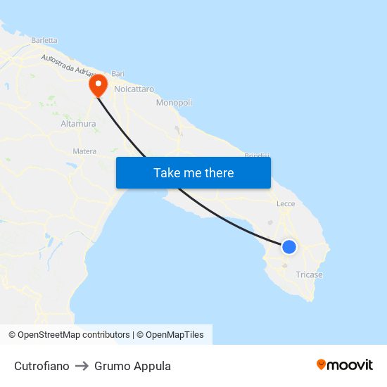 Cutrofiano to Grumo Appula map