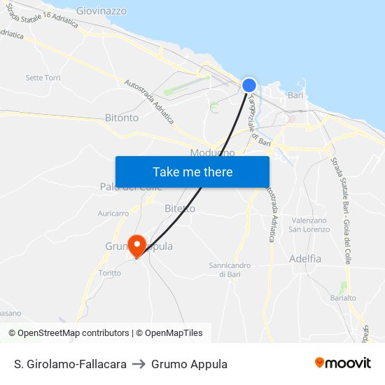 S. Girolamo-Fallacara to Grumo Appula map