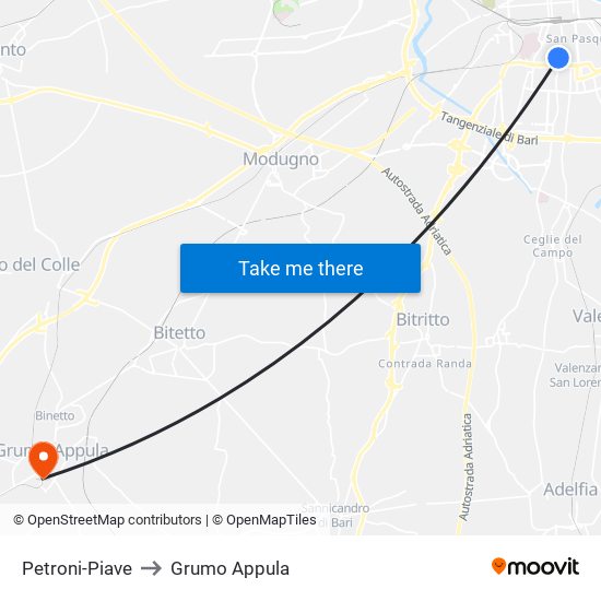 Petroni-Piave to Grumo Appula map