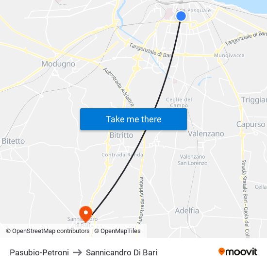 Pasubio-Petroni to Sannicandro Di Bari map