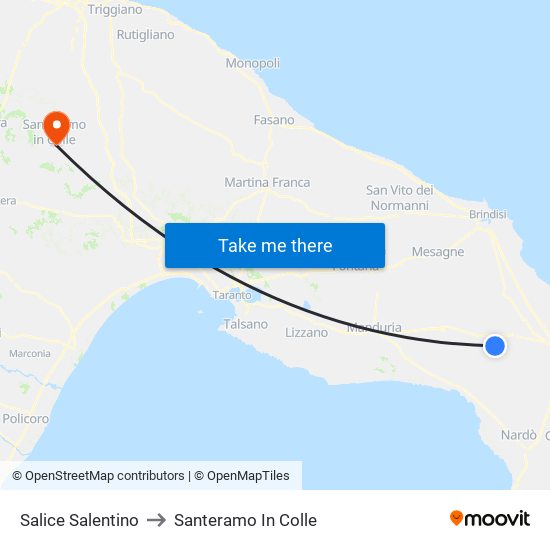 Salice Salentino to Santeramo In Colle map