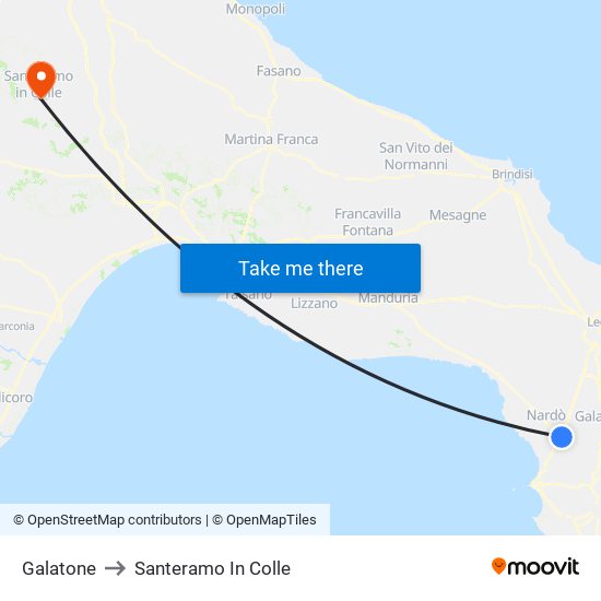 Galatone to Santeramo In Colle map