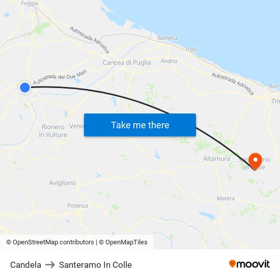 Candela to Santeramo In Colle map