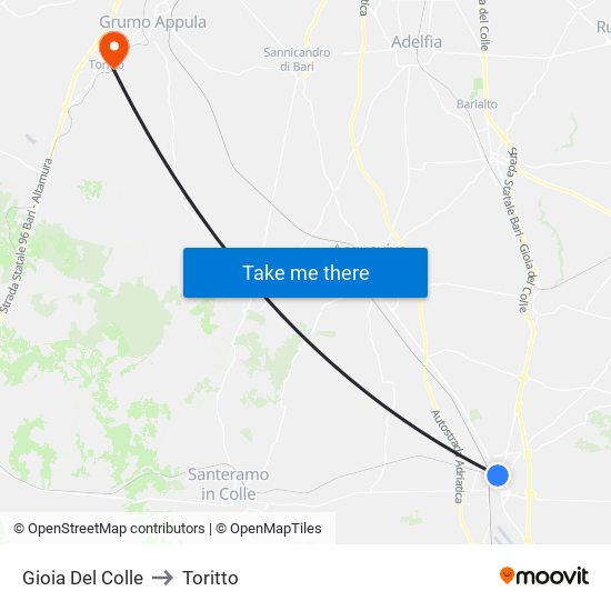 Gioia Del Colle to Toritto map