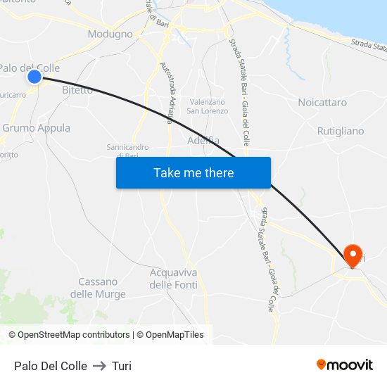Palo Del Colle to Turi map