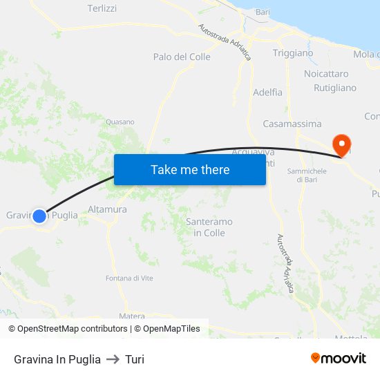 Gravina In Puglia to Turi map