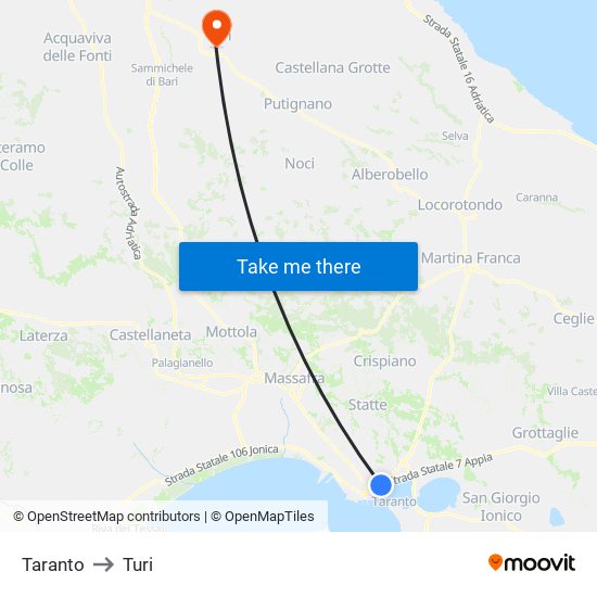 Taranto to Turi map