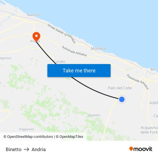 Binetto to Andria map