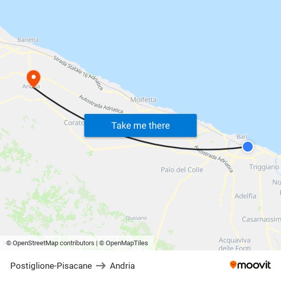 Postiglione-Pisacane to Andria map