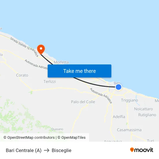 Bari Central (A) to Bisceglie map
