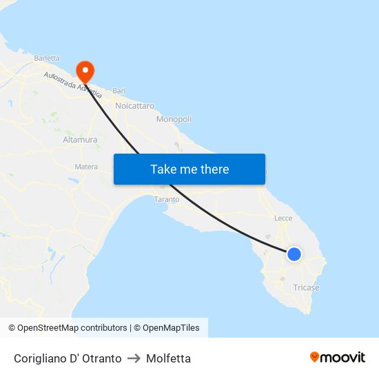 Corigliano D' Otranto to Molfetta map