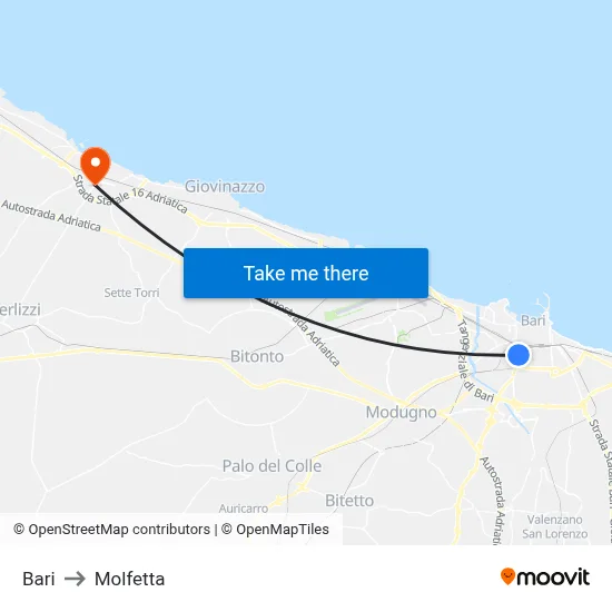 Bari to Molfetta map