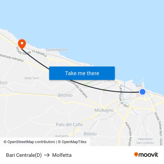 Bari Centrale(D) to Molfetta map