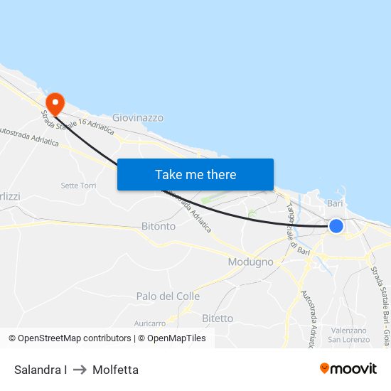 Salandra I to Molfetta map