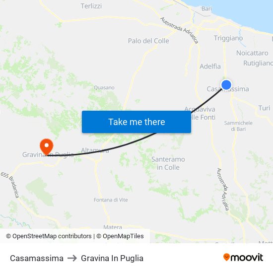 Casamassima to Gravina In Puglia map