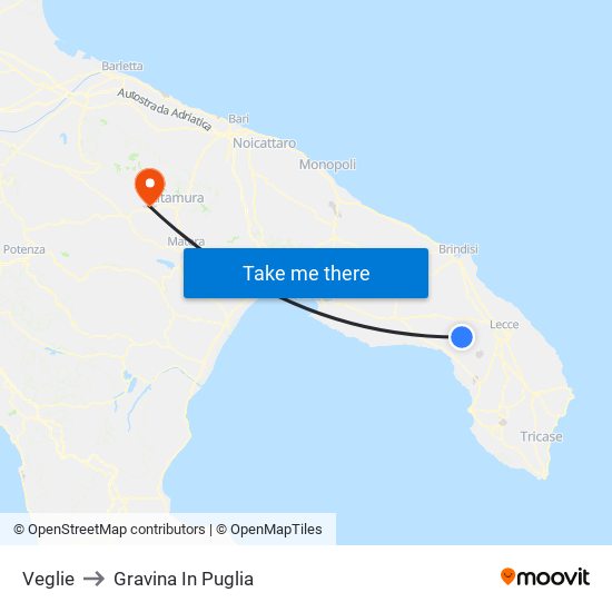 Veglie to Gravina In Puglia map