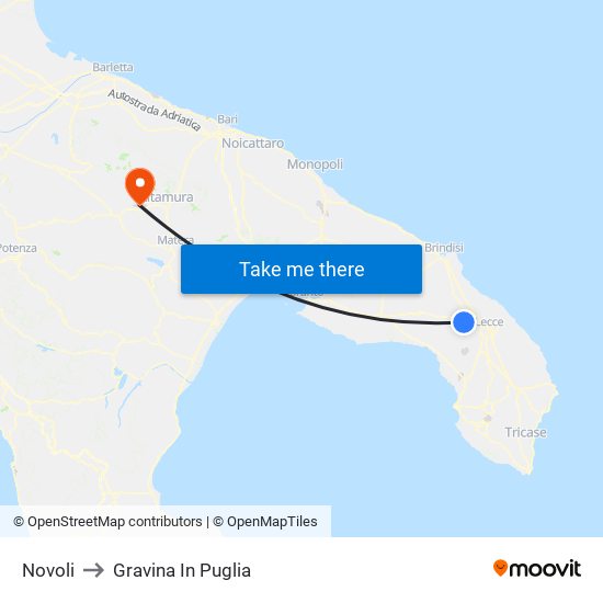 Novoli to Gravina In Puglia map