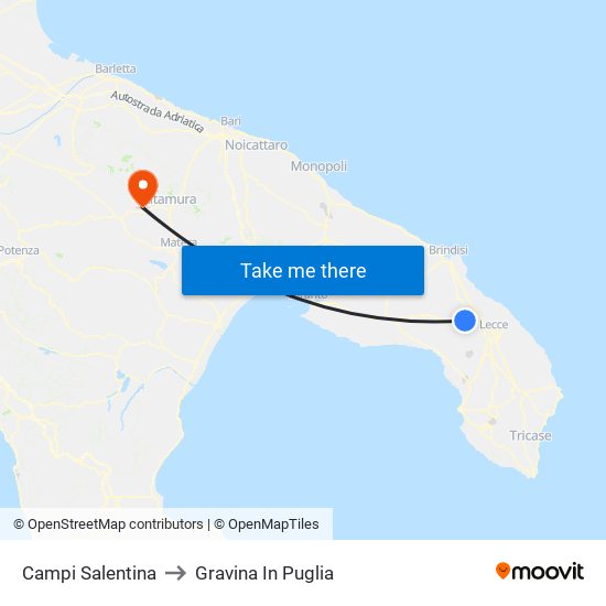 Campi Salentina to Gravina In Puglia map