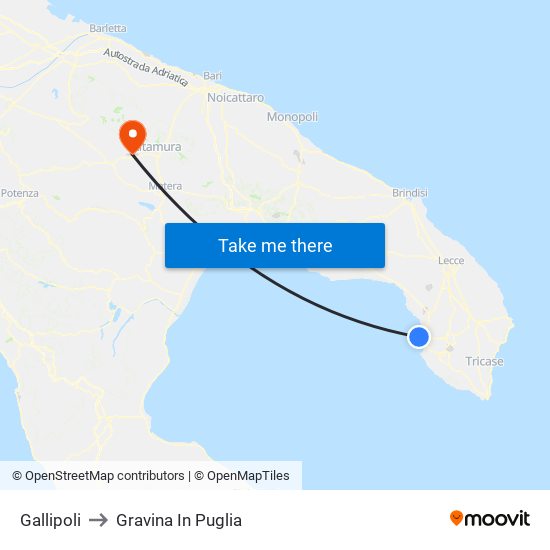 Gallipoli to Gravina In Puglia map