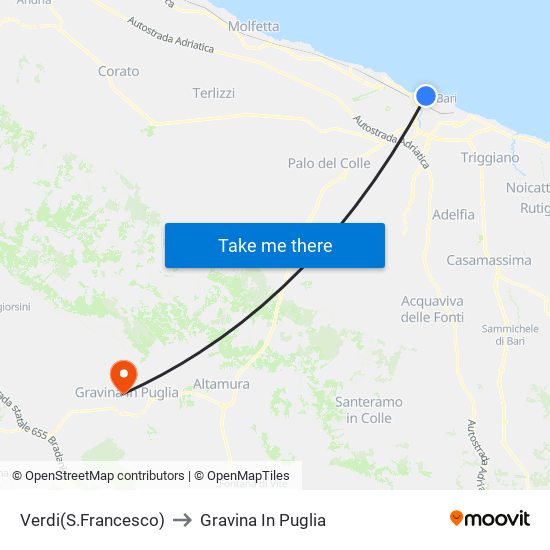 Verdi(S.Francesco) to Gravina In Puglia map