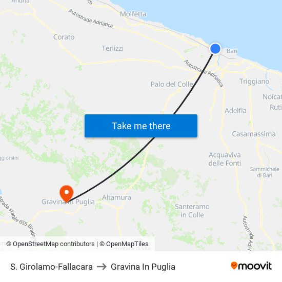 S. Girolamo-Fallacara to Gravina In Puglia map