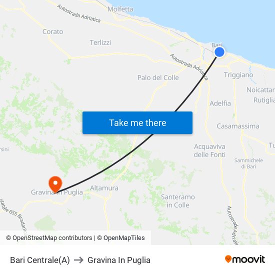 Bari Centrale(A) to Gravina In Puglia map