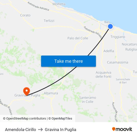 Amendola-Cirillo to Gravina In Puglia map