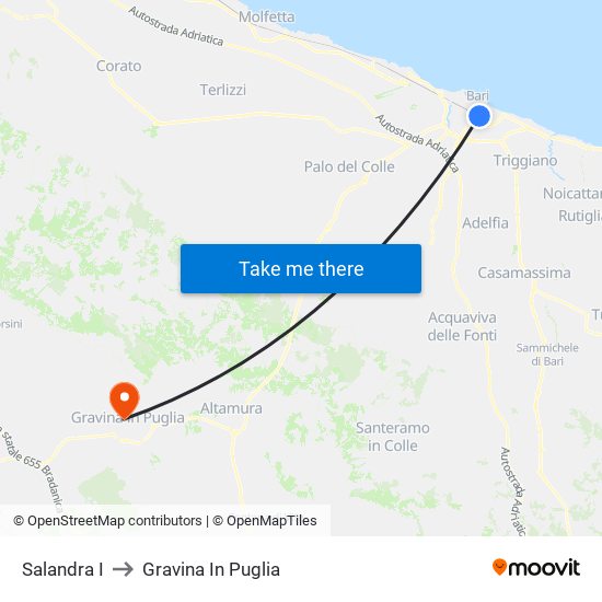 Salandra I to Gravina In Puglia map