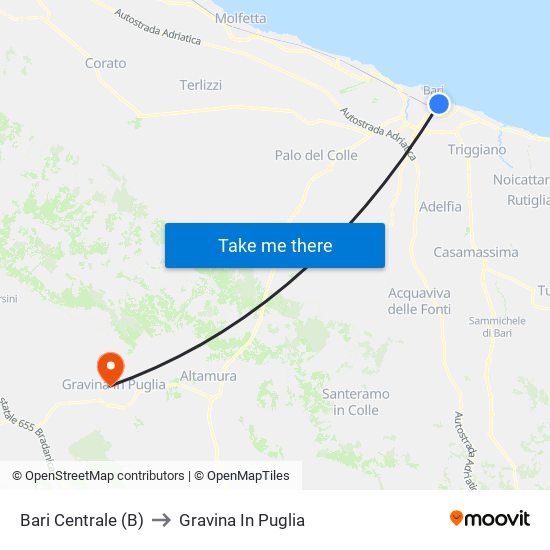 Bari Centrale (B) to Gravina In Puglia map