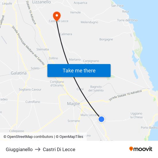 Giuggianello to Castri Di Lecce map