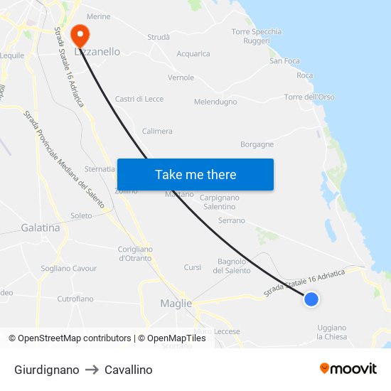 Giurdignano to Cavallino map
