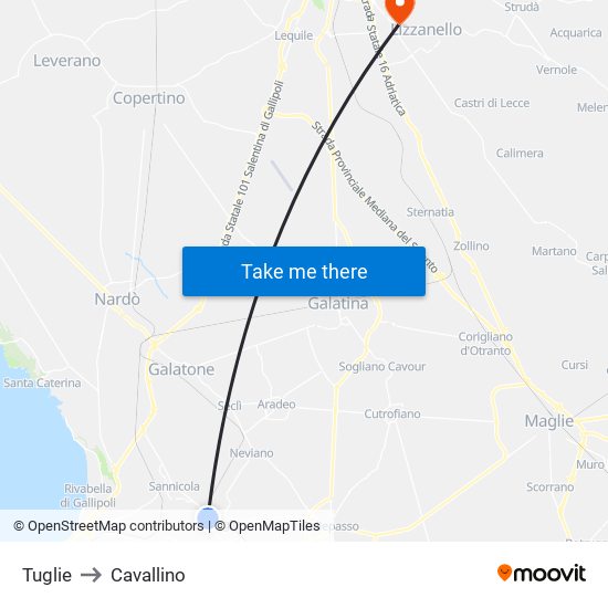 Tuglie to Cavallino map