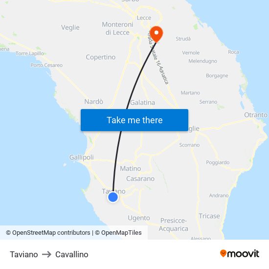 Taviano to Cavallino map