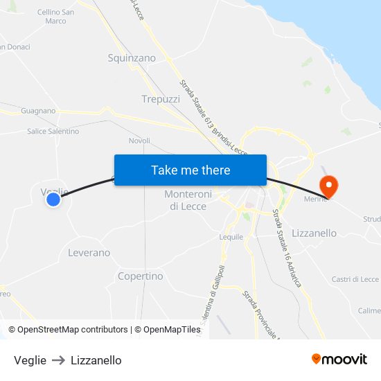 Veglie to Lizzanello map