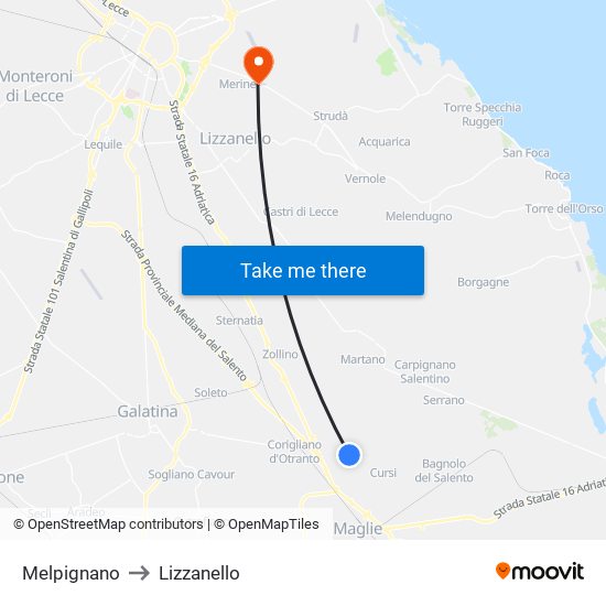 Melpignano to Lizzanello map