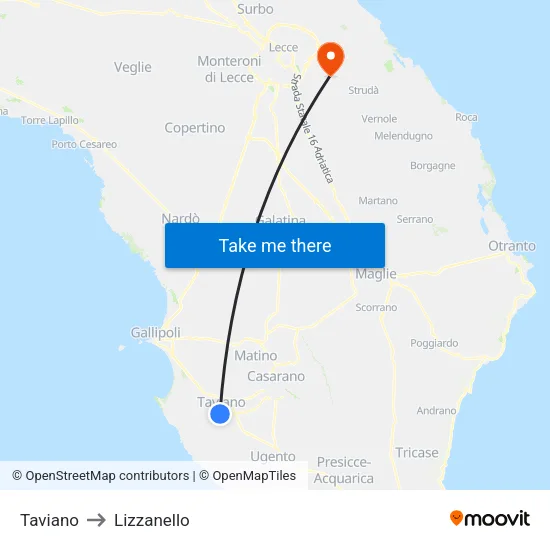 Taviano to Lizzanello map