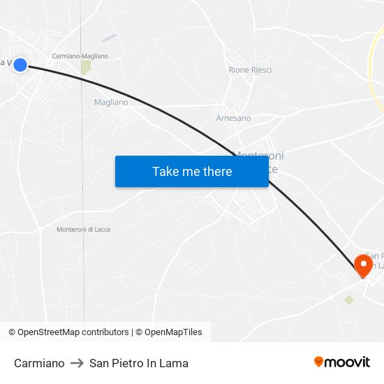 Carmiano to San Pietro In Lama map