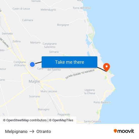 Melpignano to Otranto map