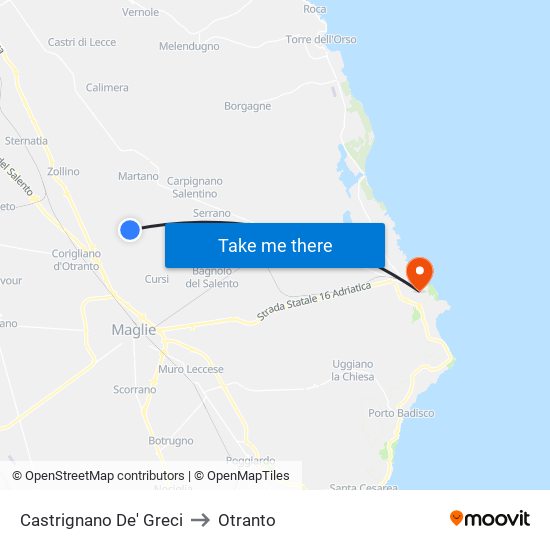 Castrignano De' Greci to Otranto map