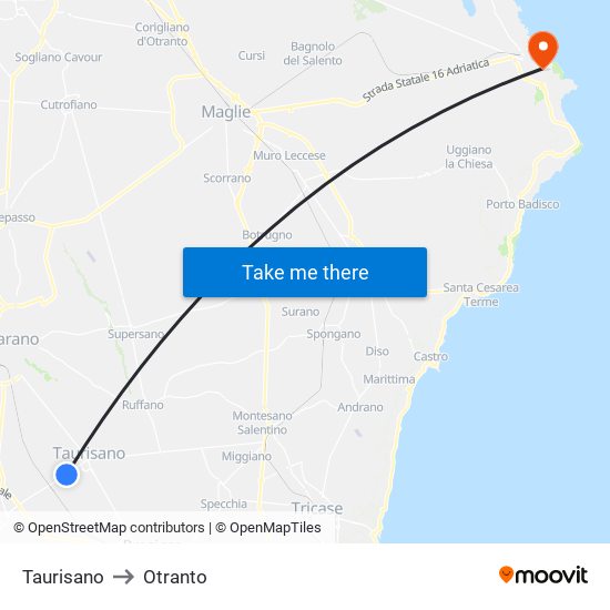 Taurisano to Otranto map