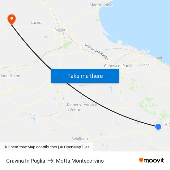 Gravina In Puglia to Motta Montecorvino map