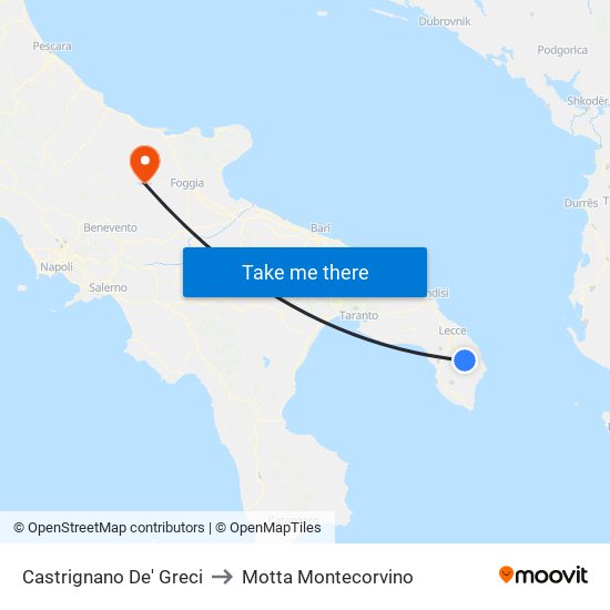 Castrignano De' Greci to Motta Montecorvino map